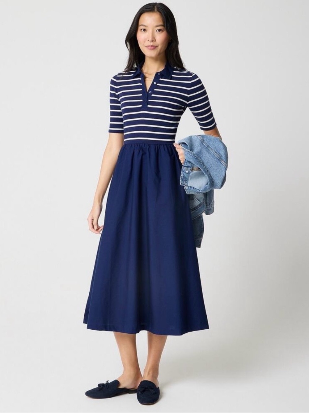 J.CREW Striped Collared Knit Navy A-line Dress with Pockets XL PETITE NWT